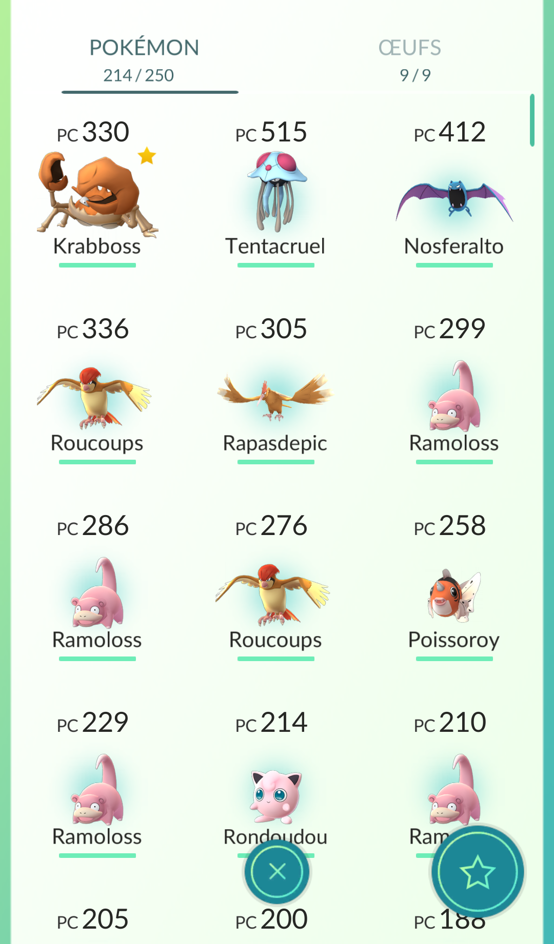 Imprim-écran de ma collection de Pokémon (le 1er jour)